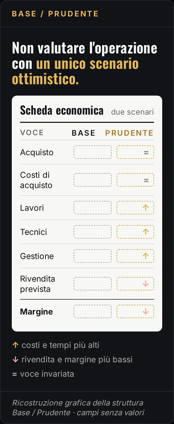 Ricostruzione grafica della struttura della scheda economica con due colonne, Base e Prudente: nello scenario prudente lavori, tecnici e gestione salgono, rivendita prevista e margine scendono.