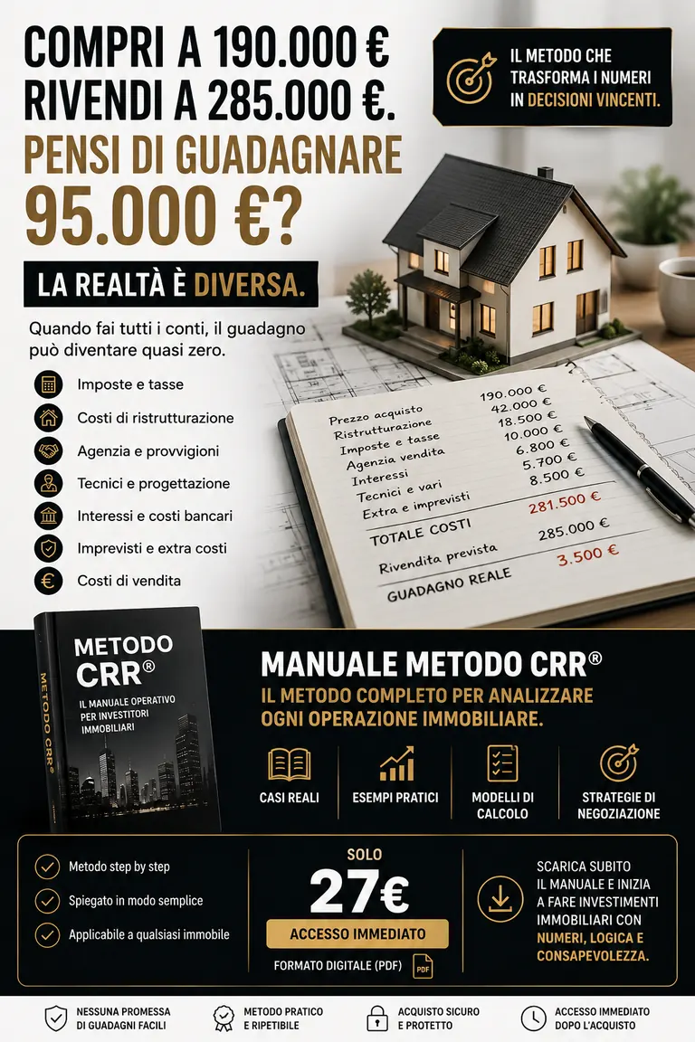 Esempio numerico di un'operazione immobiliare con acquisto, costi e margine reale.